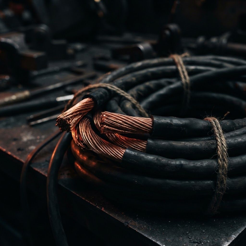 Coiled custom welding cable and bundled copper conductors